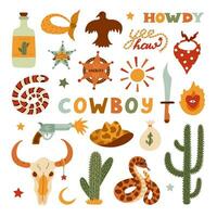 Big Wild West and cowboy set in trendy flat style. Hand drawn simple vector illustration with western boots, hat, snake, cactus, bull skull, sheriff badge star. Cowboy theme with symbols of Texas