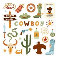 grande salvaje Oeste y vaquero conjunto en de moda plano estilo. mano dibujado sencillo vector ilustración con occidental botas, sombrero, serpiente, cactus, toro cráneo, alguacil Insignia estrella. vaquero tema con símbolos de Texas