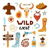 Big Wild West and cowboy set in trendy flat style. Hand drawn simple vector illustration with western boots, hat, snake, cactus, bull skull, sheriff badge star. Cowboy theme with symbols of Texas