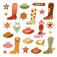 Big Wild West and cowboy set in trendy flat style. Hand drawn simple vector illustration with western boots, hat, snake, cactus, bull skull, sheriff badge star. Cowboy theme with symbols of Texas