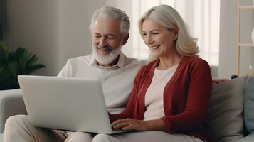 Retirement Couple Enjoying Technology Together in Cozy Living Room photo