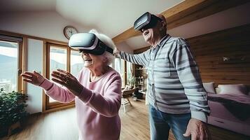 A couple wearing VR bride and groom, standing indoors in a cozy, white room. photo