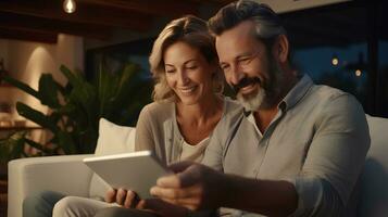 contento Pareja disfrutando calidad hora en vivo habitación con tableta. foto