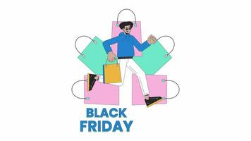 Black Friday shopping bags retail line 2D animation. Hispanic shopper male running with boutique bag 4K video motion graphic. Love of shopping linear animated cartoon flat concept, white background