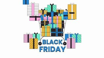 Black Friday shopping cart with gifts line 2D animation. Presents falling. Gift boxes stacked 4K video motion graphic. Shopping trolley with bags linear animated cartoon flat concept, white background