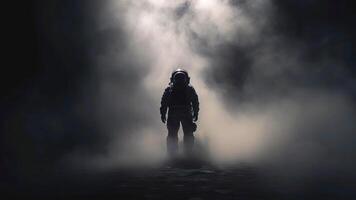 Silhouette von ein Astronaut Statue Stehen im ein Nebel mit dunkel Hintergrund bewirken Bewegung video