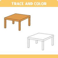 Trace and color educational worksheet for preschool kids. Tracing wooden table. Activity coloring page vector