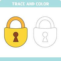 Trace and color educational page for preschool kids. Tracing door lock. Activity coloring page vector