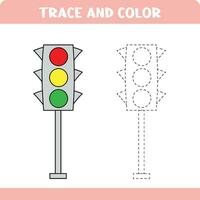 Trace and color educational game for kids.  Worksheet with handwriting practice for preschoolers.  Coloring page for children. Tracing traffic light. vector