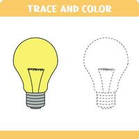 Trace and color educational worksheet for preschool kids. Tracing light bulb. Activity coloring page vector