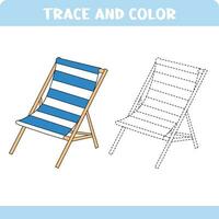 Trace and color educational worksheet for kids. Tracing lounge, deck chair. Activity color pages vector