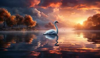 Graceful swan swimming in the lake. AI generated photo