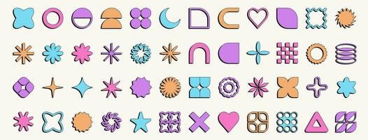 Set of colorful abstract geometric shapes and forms. Brutal contemporary figures, stars, flowers and other primitive elements. Trendy Y2K signs and symbols. vector