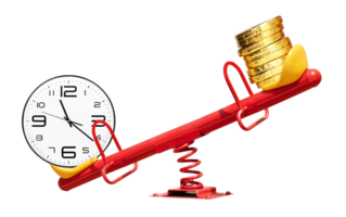 White clock and gold coin on red seesaw png