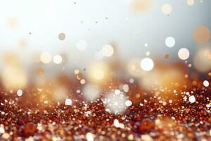 Glitter. Festive background with gold sparkles and highlights, blur. Gold glitter. Place for text photo