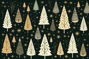 Different Christmas trees in flat style on a dark background. New Year and Christmas background, postcard photo