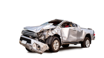 PNG formaat. terug en kant visie van grijs of bronzen oppakken auto krijgen beschadigd door ongeluk Aan de weg. beschadigd auto's na botsing. geïsoleerd Aan transparant achtergrond