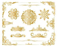 Set of oriental golden ornaments. Vector frames and borders for design, invitations, greeting cards, certificate, menu. Classic ornaments, scrolls, dividers, mandalas, zen tangles.