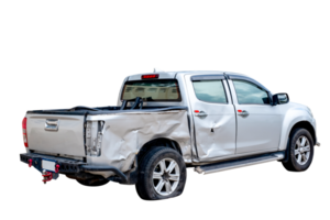 PNG formaat. terug en kant visie van grijs of bronzen oppakken auto krijgen beschadigd door ongeluk Aan de weg. beschadigd auto's na botsing. geïsoleerd Aan transparant achtergrond