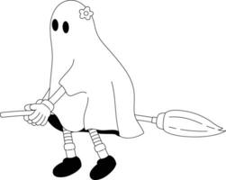 Retro Ghost Halloween Illustration Mascot Riding A Broom vector