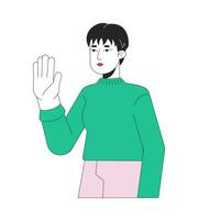 Pixie cut korean woman waving hand 2D linear cartoon character. Handsome asian lady greeting isolated line vector person white background. Stop hand. Saying hi color flat spot illustration