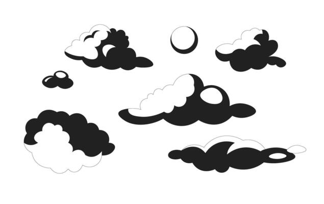 Sun cloudscape black and white cartoon flat illustration. Clouds sunshine linear 2D cloudscape isolated. Weather forecast. Sunny cumulus. Morning peaceful sky monochromatic scene vector image