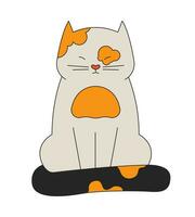 Sleepy cat squinting eyes 2D linear cartoon character. Spotted feline pet wrapping tail around itself isolated line vector animal white background. Blinking kitten color flat spot illustration