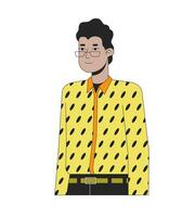 Eyeglasses indian man in designer shirt 2D linear cartoon character. Relaxed posing isolated line vector person white background. Smiling south asian guy in glasses color flat spot illustration