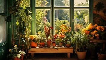 Old window with flowers and potted plants. AI generated photo