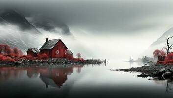 invierno paisaje con oscuro casa y rojo suelo. ai generado foto