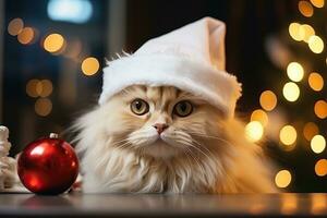 Red cat in Christmas hat isolated on a blurred background. Merry Christmas and a Happy New Year. photo