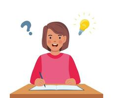 Happy girl with his laptop having a good idea. Elementary school pupil. Question mark and light bulb. A schoolgirl found a solution to an assignment. Vector illustration.