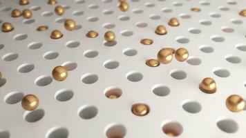 3d d'oro palle galleggiante e rimbalzo a partire dal il bianca buchi. d'oro sfere saltare a partire dal il bianca righe di fori e caduta fuori uso. astratto campo con in movimento perle. soddisfacente video con ciclo continuo.