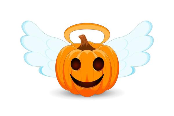 Pumpkin with angel wings and nimbus on white background. The main symbol of the Happy Halloween holiday. Orange pumpkin with smile for your design for the holiday Halloween.