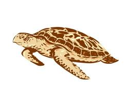 Hawksbill Sea Turtle or Eretmochelys Imbricata Side View WPA Art vector