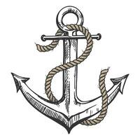 Sea anchor wrapped with rope. Part of the equipment for the ship. Vector hand drawn illustration. Clipart for tattoo, emblem, logo, label on a white background.