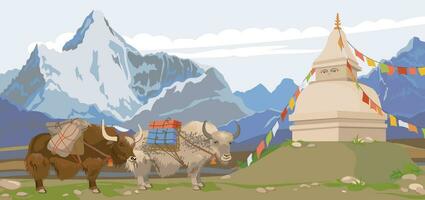 Himalayan yaks with a load on their back, a Buddhist stupa decorated with flags. Mountain horizontal landscape of Nepal. Vector illustration, flat style. Pets in Mongolia and Tibet.