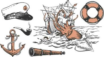 Nautical elements set. Anchor, captain's cap, lifebuoy, smoking pipe. Composition according to the legends of sailors, a huge squid attacks the ship. The kraken drags the sailboat underwater. Vector. vector