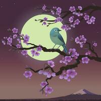 Realistic graphics of Nightingale and Sakura on a background of Fuji. Japanese Nightingale on a branch of blossoming cherries. Vector illustration of Bush Wabler. Fudjiyama in the moon.