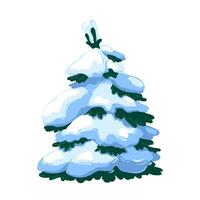 Vector illustration of a spruce covered with snow on a white background. A green fluffy pine isolated on a white background. Winter snow-covered tree. An element for a Christmas scene.