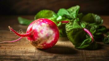 Realistic illustration of radishes on wooden table for healthy salad. ai generated photo