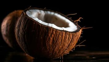 Realistic image of coconuts on black background. AI generated photo