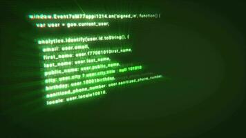 skriver en digital koda förbi en programmerare i en programmering språk, lysande brev och tal. framställning dator program grön bakgrund video