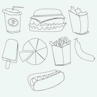 Illustration of a fast food menu in vector form Junk food is done with doodles. A collection of fast food drawings drawn by hand