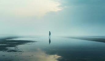 Foggy landscape with silhouette of a person walking along the beach. AI generated photo