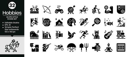 Hobbies glyph icons set. The collection includes icons from various aspects related to hobbies and leisure, from business and development to, web design, app design, logos, and more. vector