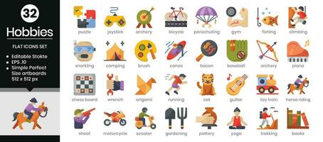 Hobbies flat icons set. The collection includes icons from various aspects related to hobbies and leisure, from business and development to, web design, app design, logos, and more vector