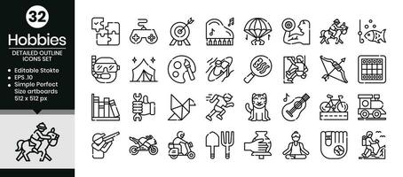 Hobbies outline icons set. The collection includes icons from various aspects related to hobbies and leisure, from business and development to programming, web design, app design, logos, and more. vector