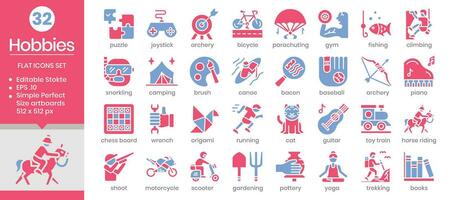 Hobbies flat two-color icons set. The collection includes icons from various aspects related to hobbies and leisure, from business and development to, web design, app design, logos, and more vector