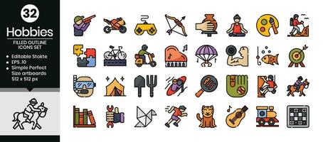 Hobbies filled outline icons set. The collection includes icons from various aspects related to hobbies and leisure, from business and development to, web design, app design, logos, and more. vector